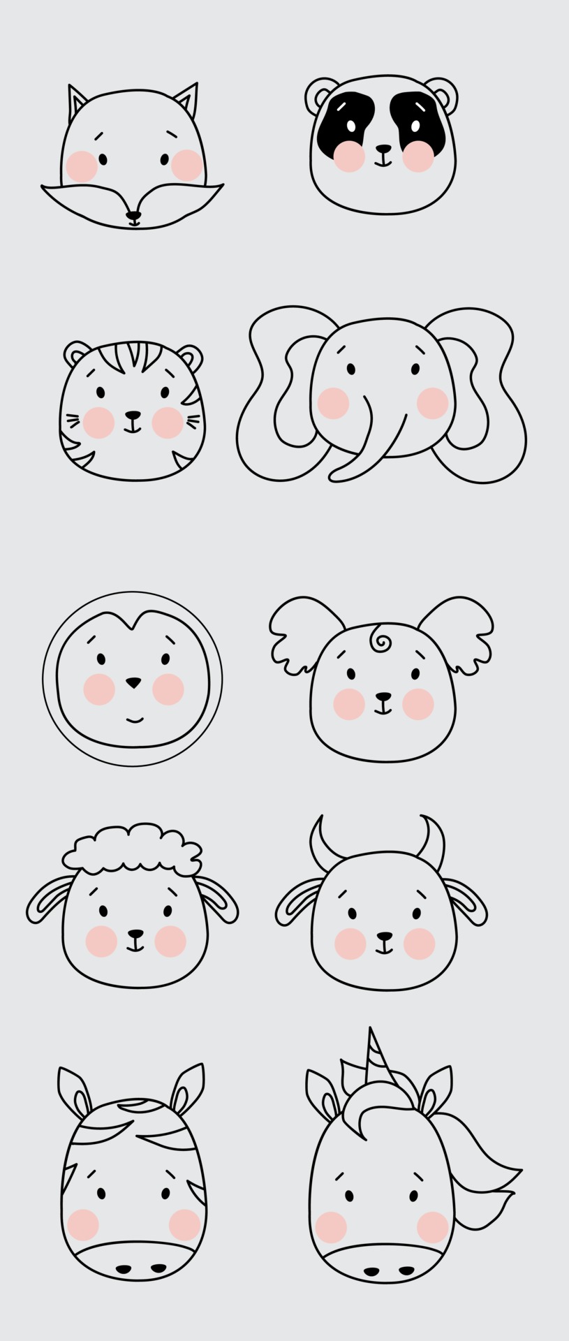 Outline drawing. Cute simple animal portraits - fox and panda, tiger and  words, penguin and koala, sheep and bull, zebra and unicorn. kids  collection, for design, printing and decoration. Vector 2132702 Vector