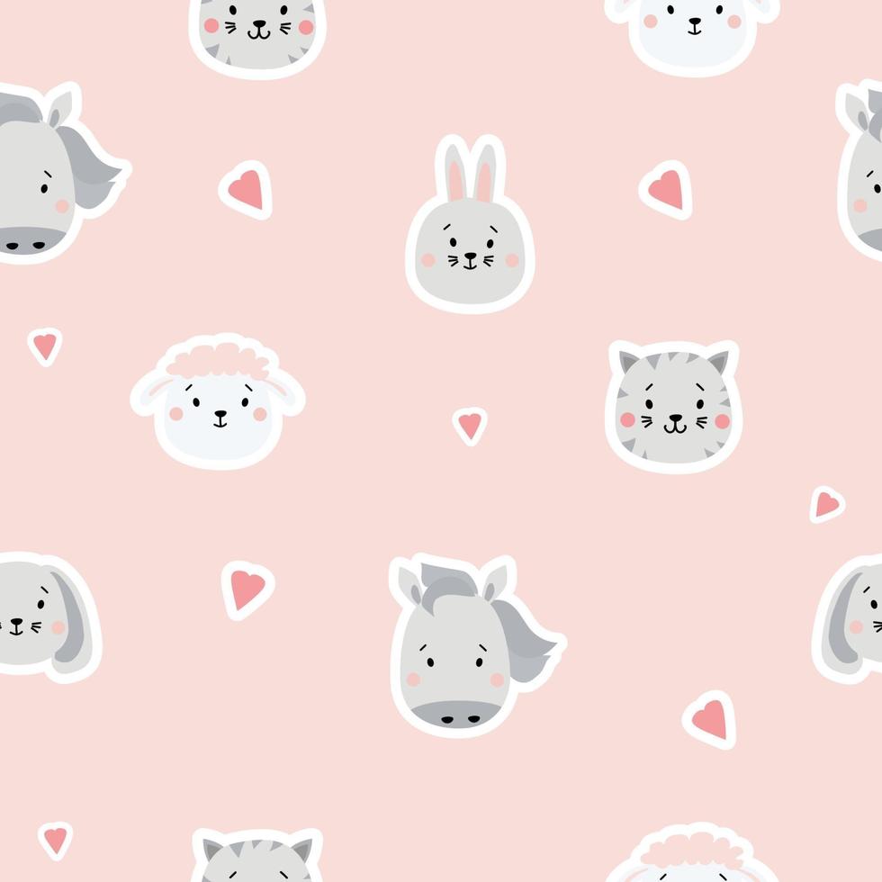 Seamless patterns. Childrens collection. Cute animal stickers - dog, hare and sheep, cat and horse on a pink background with hearts. For design, textile, packaging and wallpaper. Vector