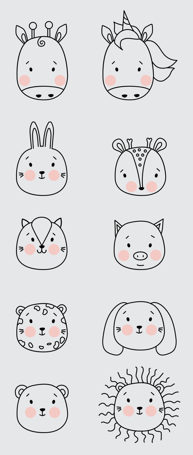 Outline drawing. Cute simple animal portraits - giraffe and horse, hare and deer, bear and pig, leopard and lion, cat and dog. Kids collection, design, printing, decoration. Vector. Line. isolated 2132734 Vector Outline drawing. Cute simple animal portraits - giraffe and horse, hare and deer, bear and pig, leopard and lion, cat and dog. Kids collection, design, printing, decoration. Vector. Line. isolated 2132734 Vector