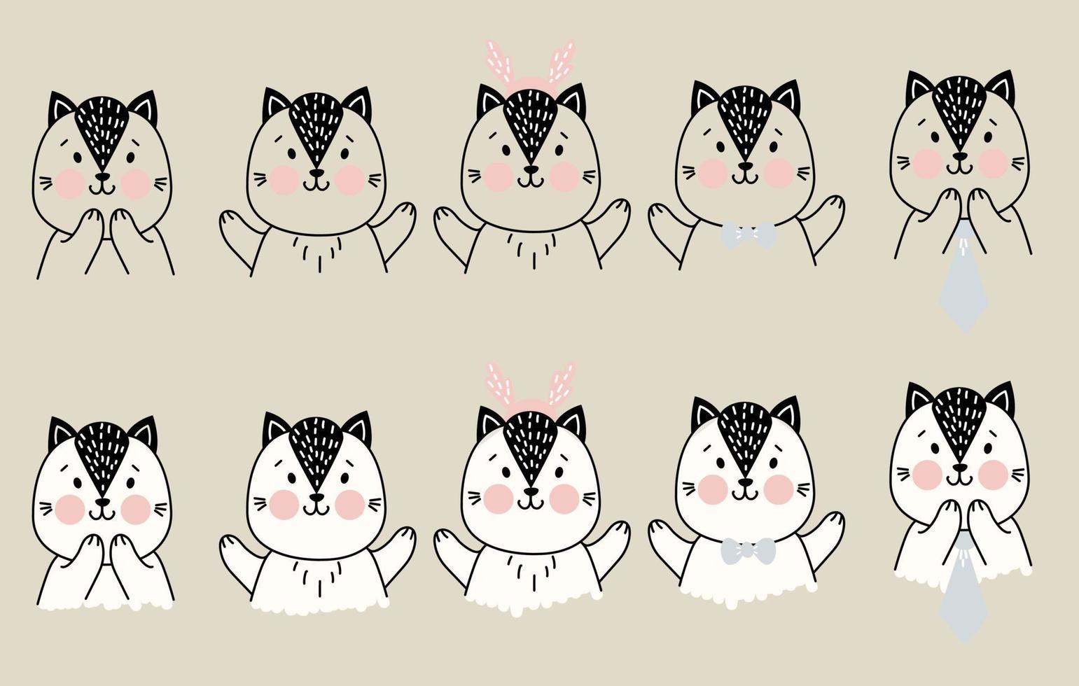 Set of cute simple pets. A cat with different gestures of delight and joy, and items of festive decor - Christmas deer antlers, a tie and bow tie. Vector. outline. color drawing. For childrens decor vector