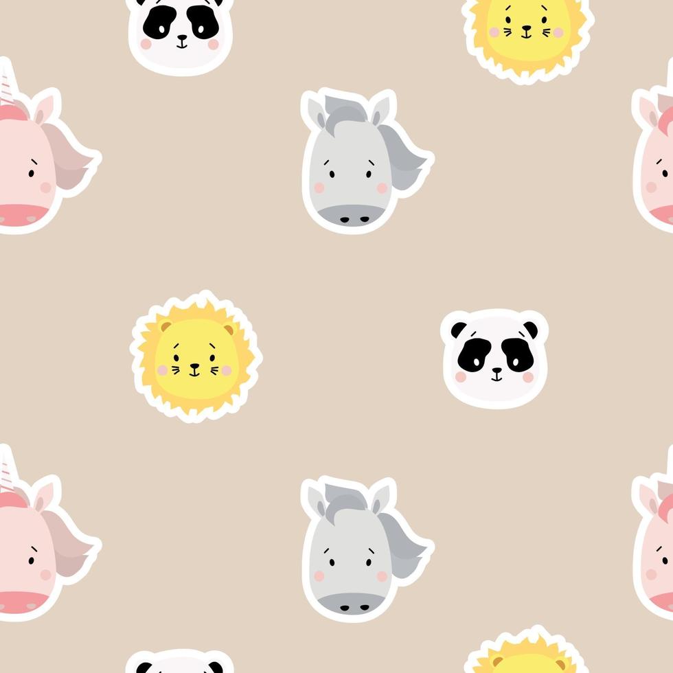 patrones sin fisuras. colección para niños. lindas pegatinas de animales: panda y caballo, león y unicornio rosa sobre un suave fondo lila. para diseño, textiles, empaques y papel tapiz. vector