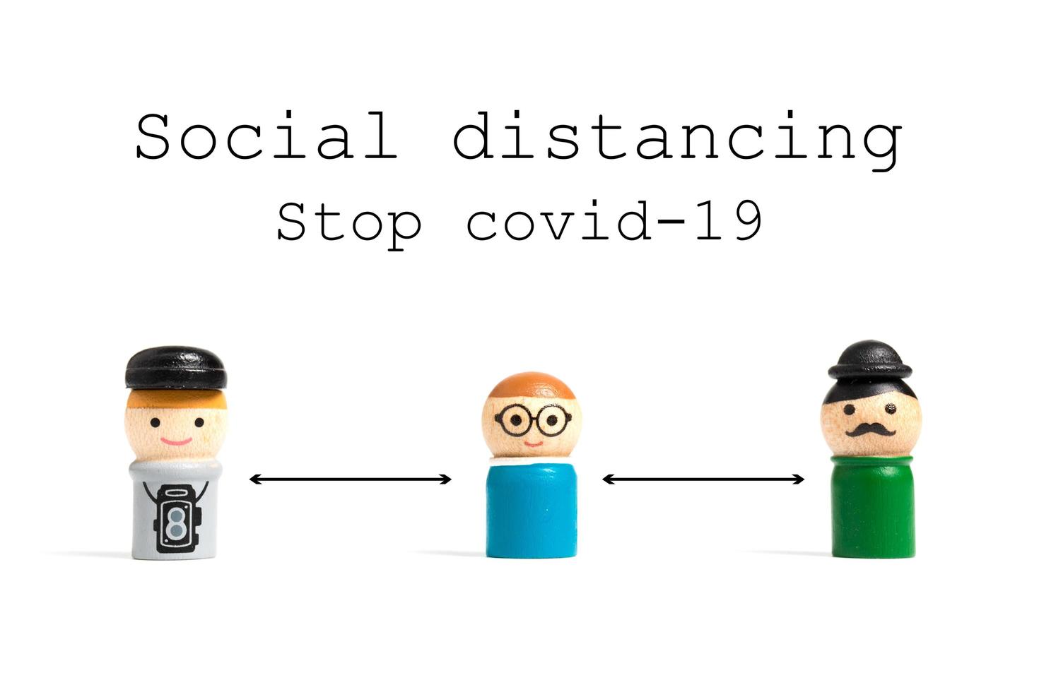 Stop COVID-19 social distancing text with miniature people on a white background, social distancing concept photo