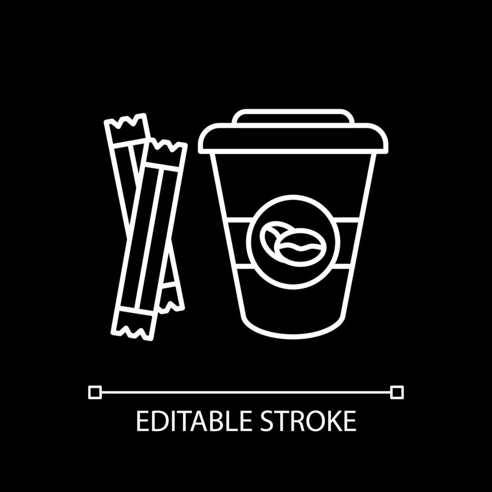 Coffee cup and sugar sticks white linear icon for dark theme vector