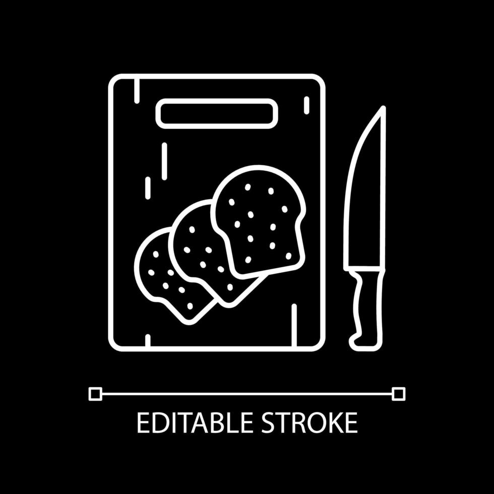 Bread toasts on cutting board white linear icon for dark theme vector