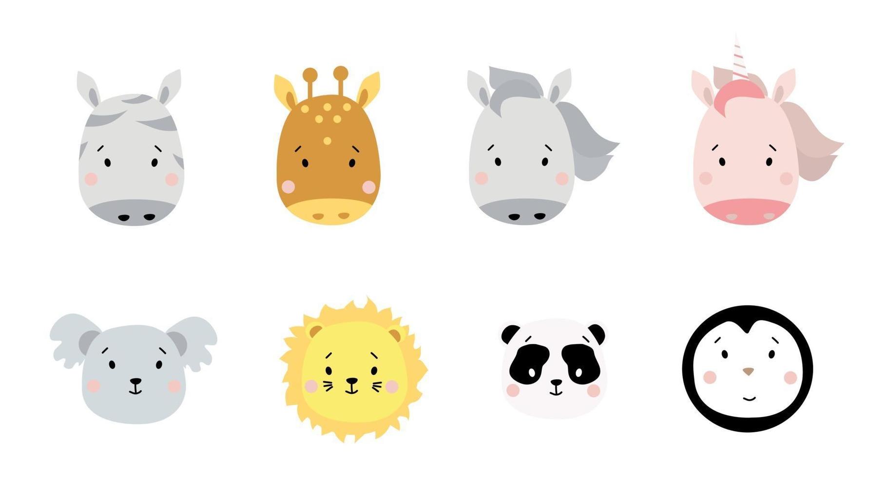 lindos retratos de animales simples. un conjunto de retratos de animales exóticos: cebra y jirafa, caballo y unicornio, koala y león, panda y pingüino. para decoración infantil, estampados, diseño y textiles. vector