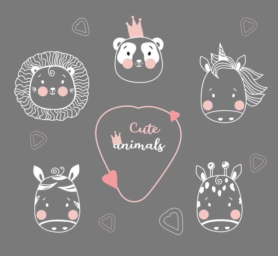 Cute animals. Cute simple portraits of tropical animals - unicorn, lion and panda wearing a crown, zebra and giraffe. Outline drawing. Vector. childrens collection, for design, printing and decoration vector