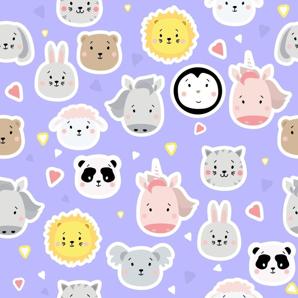 Seamless patterns. Kids collection. Cute animal stickers - bear, lion and penguin, unicorn and rabbit, hare and sheep, cat, horse, koala and panda on a blue background with hearts. Vector