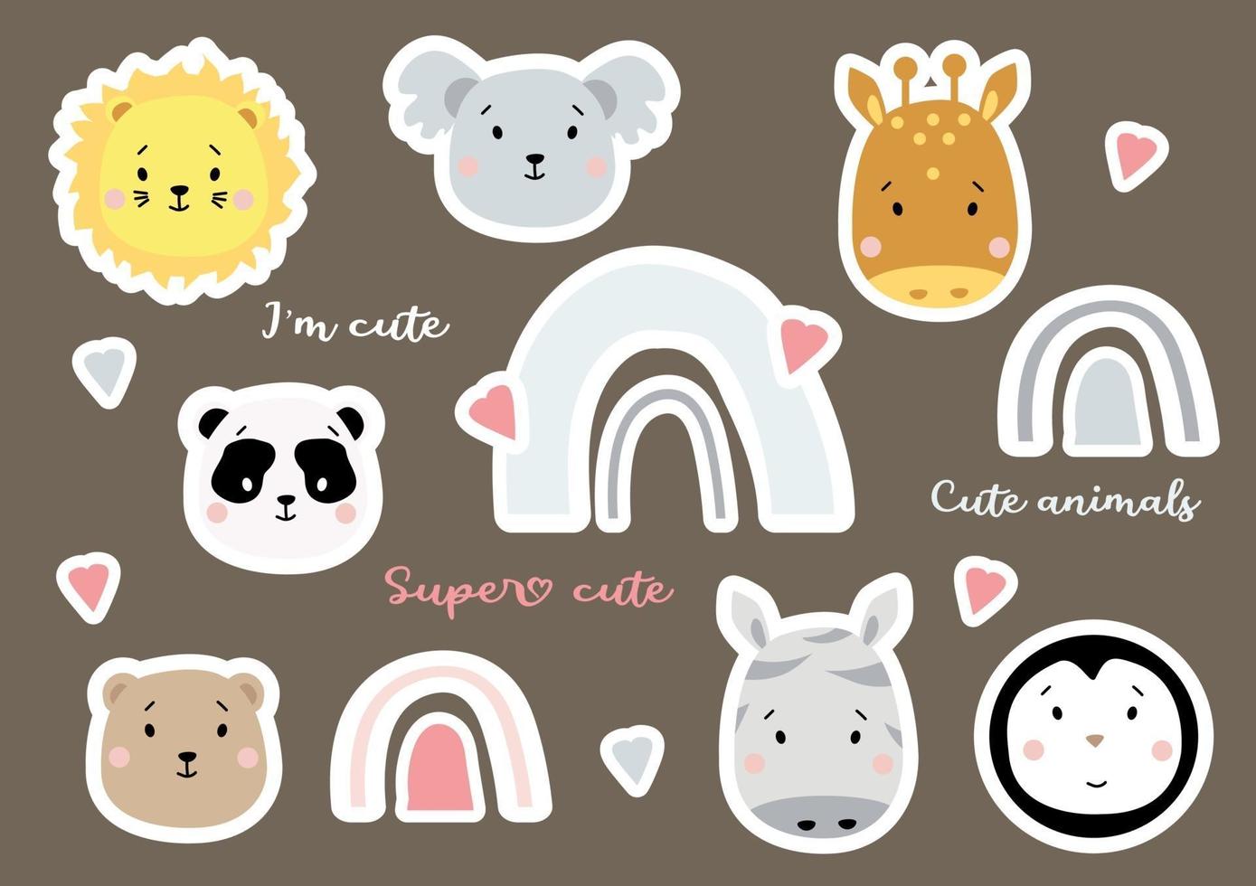 Set of cute rainbows and tropical animals - penguin, lion and koala, giraffe and panda, bear and zebra. Kids collection of vector stickers. Isolated on a background with hearts. Element for design