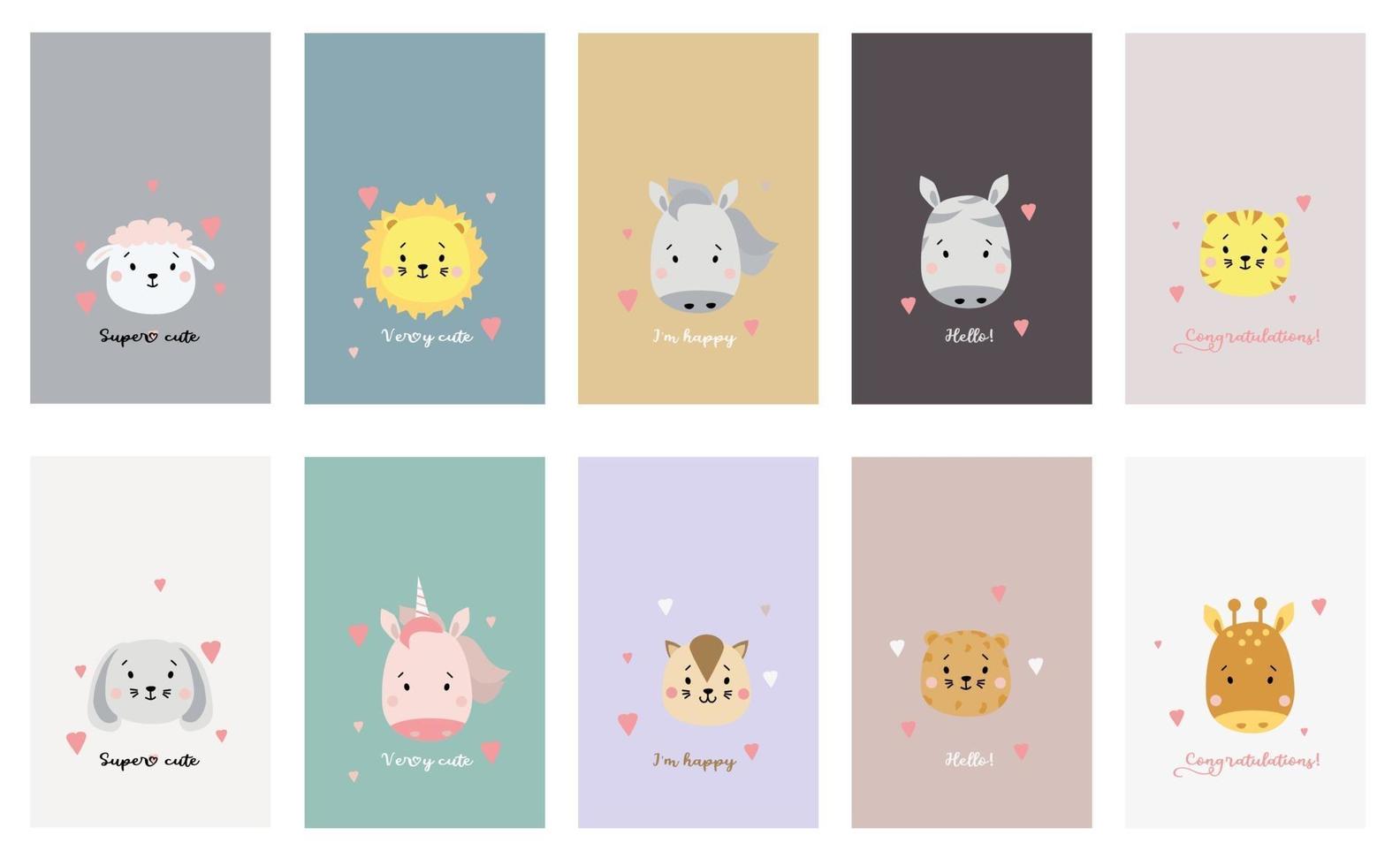 conjunto de caras de animales lindos. estampado animal creativo de guepardo y león, tigre y oveja, caballo y unicornio, liebre y gato, jirafa y cebra con letras de ensueño. vector para el diseño de tarjetas escandinavas, imprimir