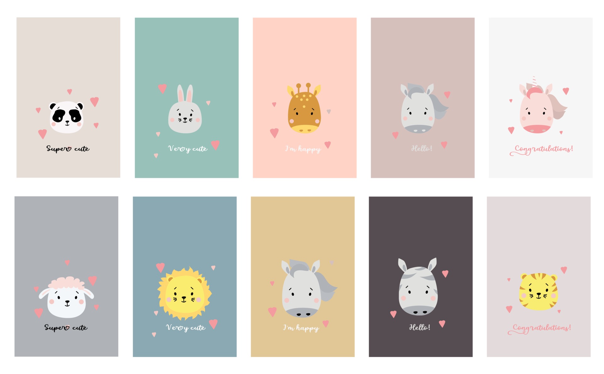 Cute simple animal portraits. A set of cards with cute animals and ...