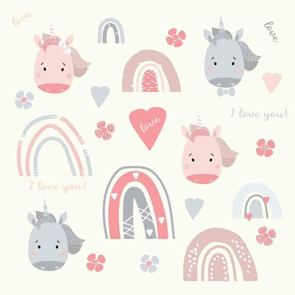 Set of cute unicorns and rainbows. Cute decorative portraits of animals of a boy and girl with a mane and a horn, flowers and hearts. Scandinavian design. isolated vector illustrations. kids collection