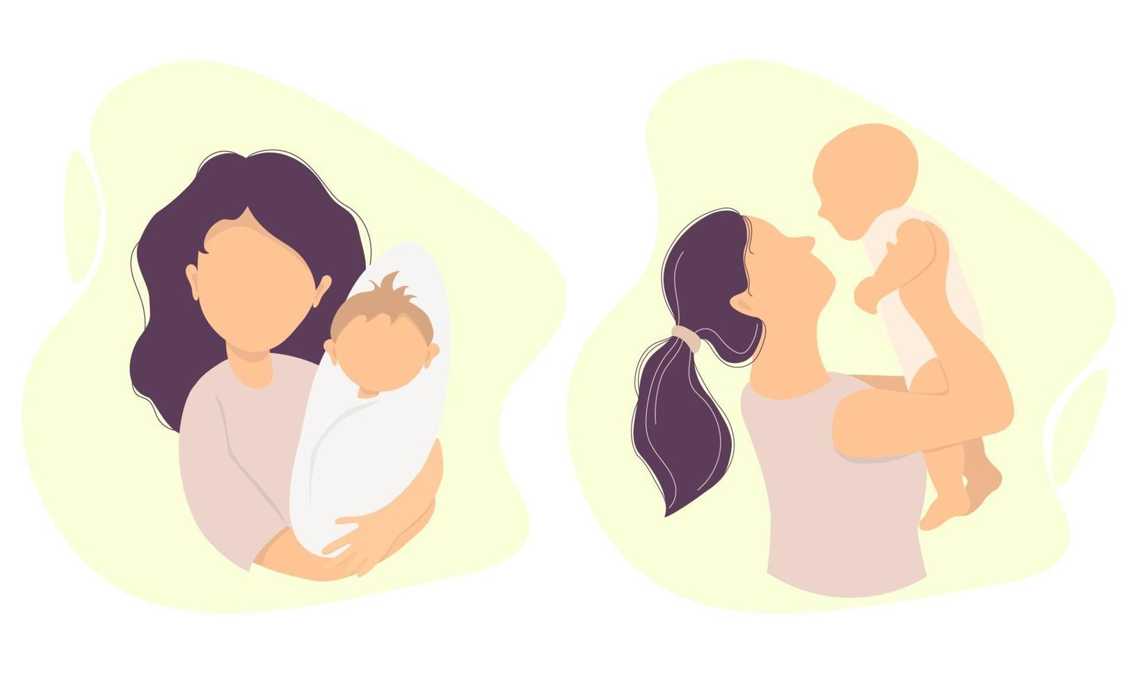 Motherhood. Happy woman and small child in her arms. Vector illustration. A set of characters. Concept - new life and happy mom and baby. flat illustration