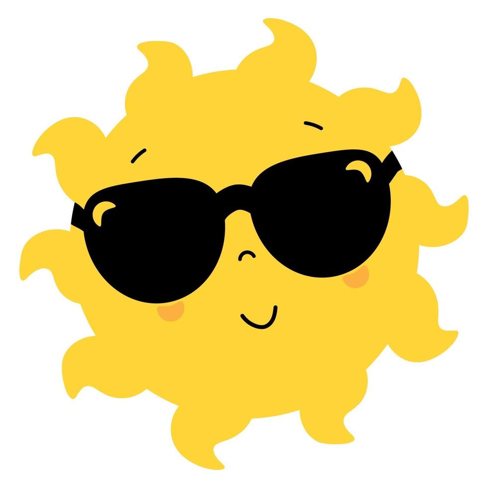 lindo sol. cartel de estilo con el sol en gafas de sol negras. tarjetas de felicitación, diseño de camisetas estampadas, decoración del hogar, verano lindo. aislado sobre fondo blanco. vector icono