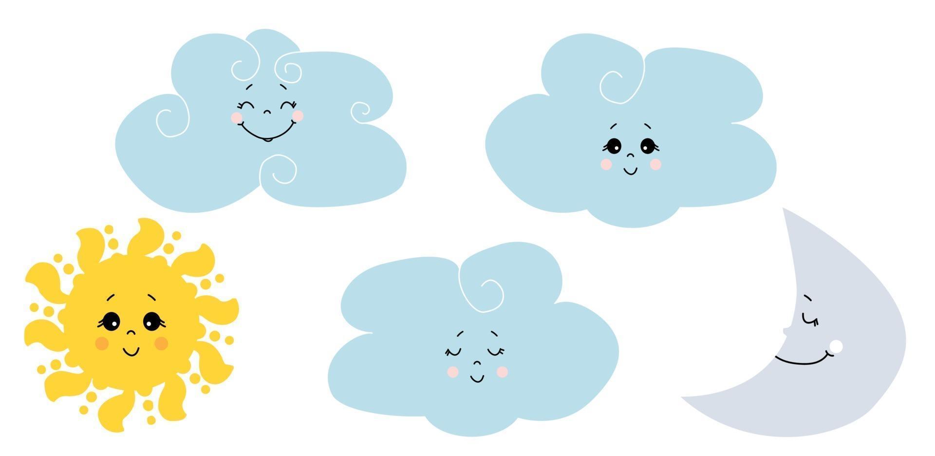 Cute Sun with eyes and a smile. Set of vector  - clouds, sun, moon. Different faces and emotions - Closed and open eyes. Isolated on white background.