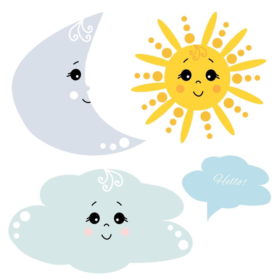 Cute Sun with eyes and a smile. Set of vector  - clouds, sun, moon.