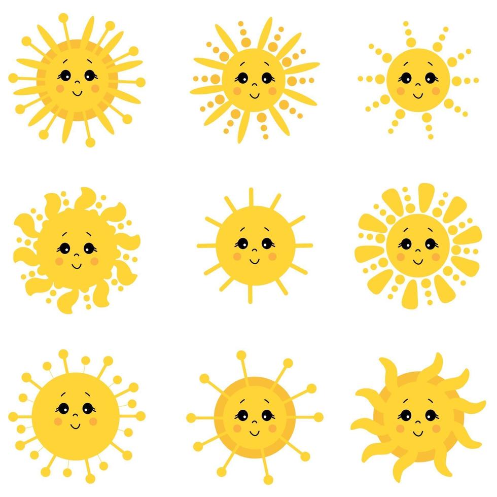 Cute Sun. Different Funny Suns with faces and eyes. Vector