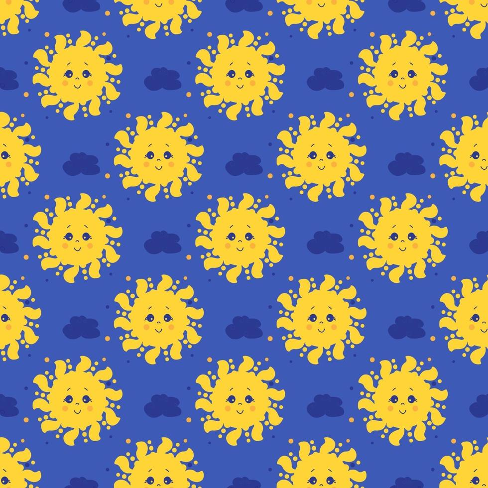 patrón sin costuras. lindo sol amarillo con cara y sonrisa sobre un fondo azul con nubes. vector. diseño, decoración, embalaje, impresión, papel tapiz, textiles, vector