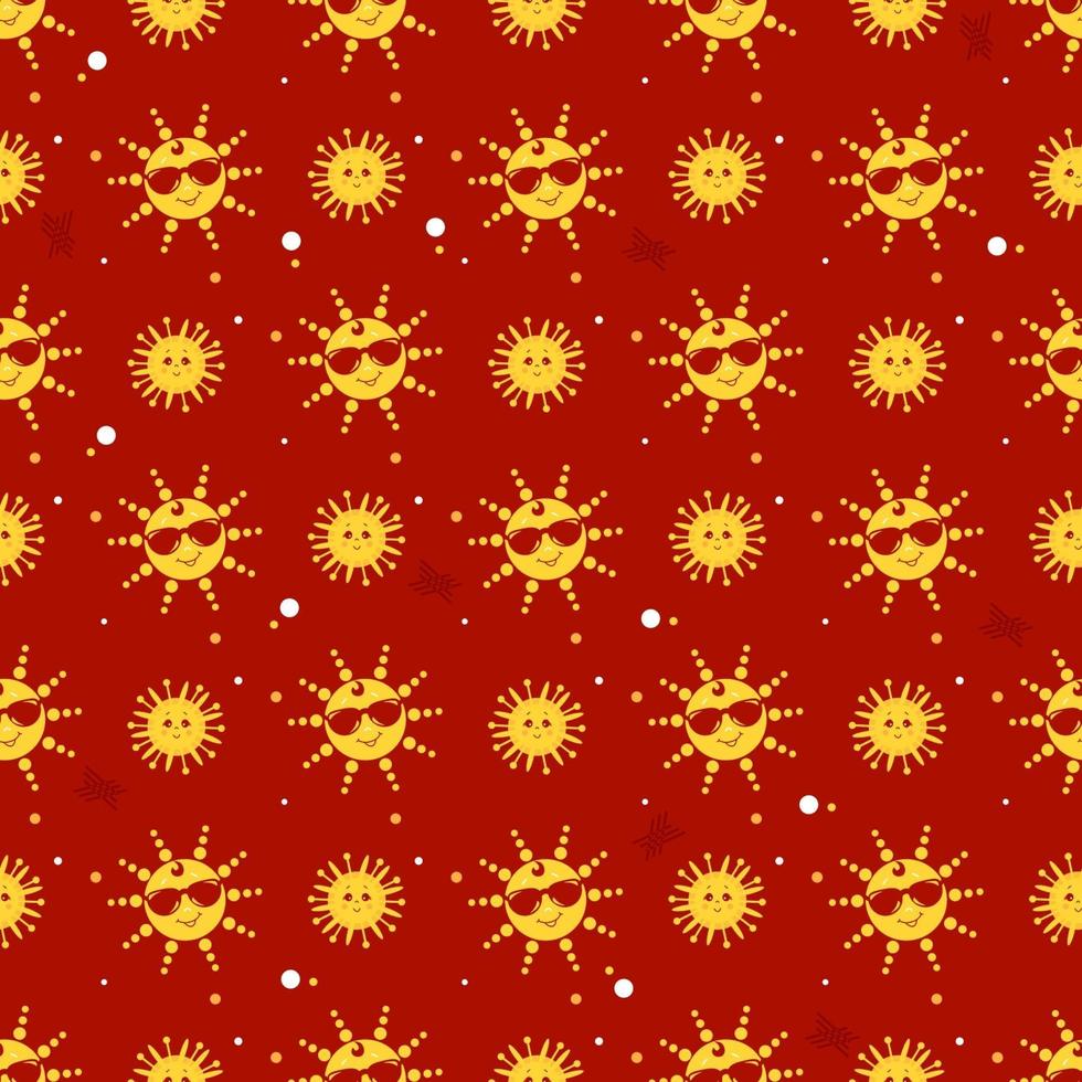 Seamless pattern. Cute yellow sun in sunglasses smiling. Cute little sun with eyes. Red background. Vector  for design, decor, packaging, printing, wallpaper, textile,