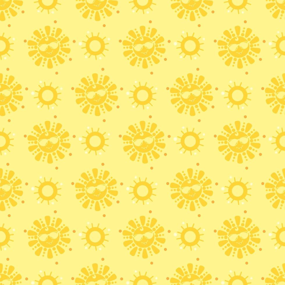 Seamless pattern. A cute yellow sun in sunglasses is smiling. Yellow background. Vector . Design, decor, packaging, printing, wallpaper, textiles