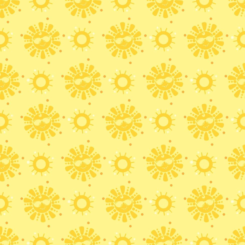 patrón sin costuras. un lindo sol amarillo con gafas de sol está sonriendo. fondo amarillo. vector. diseño, decoración, embalaje, impresión, papel tapiz, textiles vector