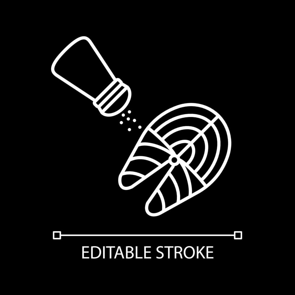 Pouring salt on fish steak white linear icon for dark theme vector