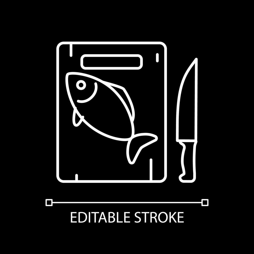 Fish on cutting board white linear icon for dark theme vector