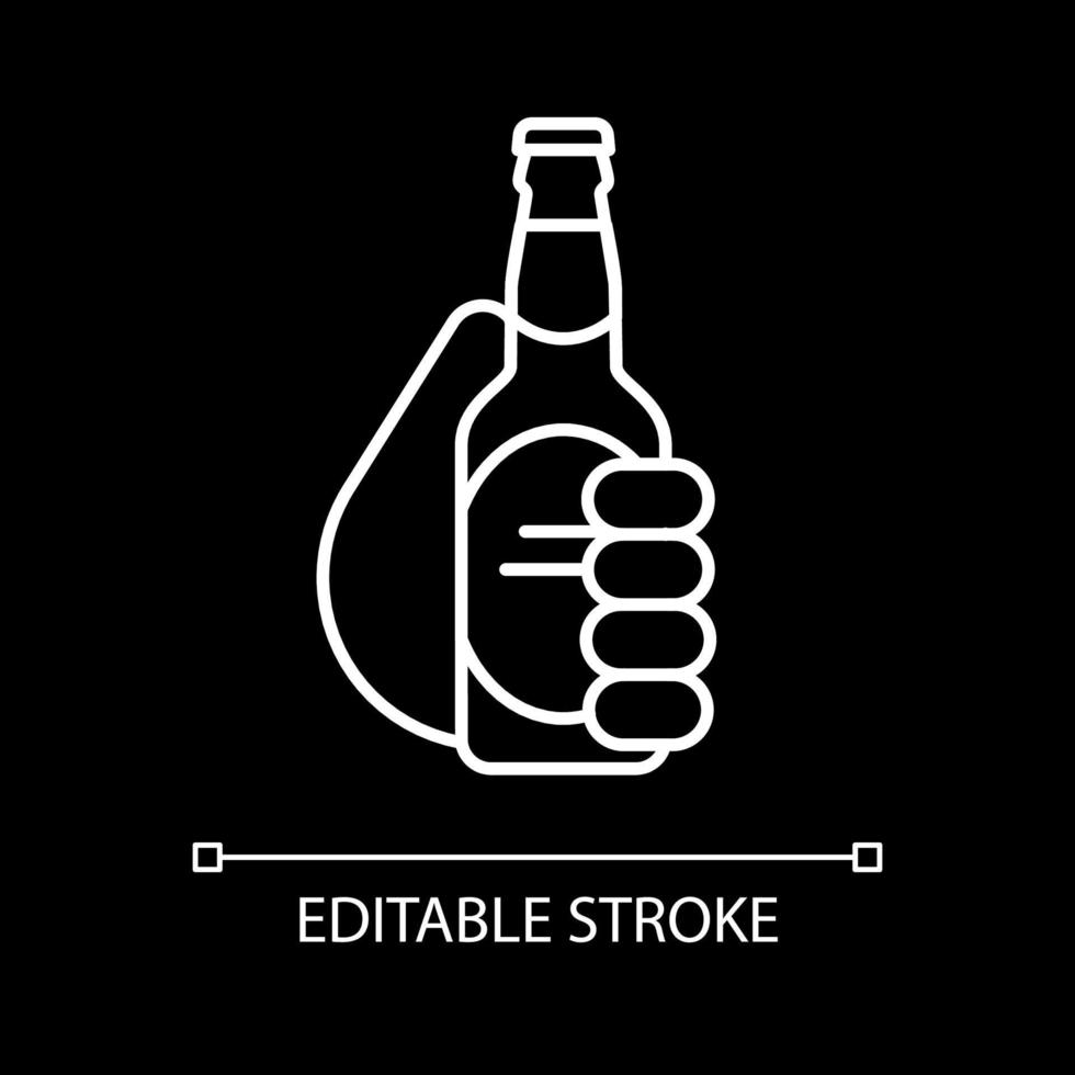 Hand holding beer bottle white linear icon for dark theme vector