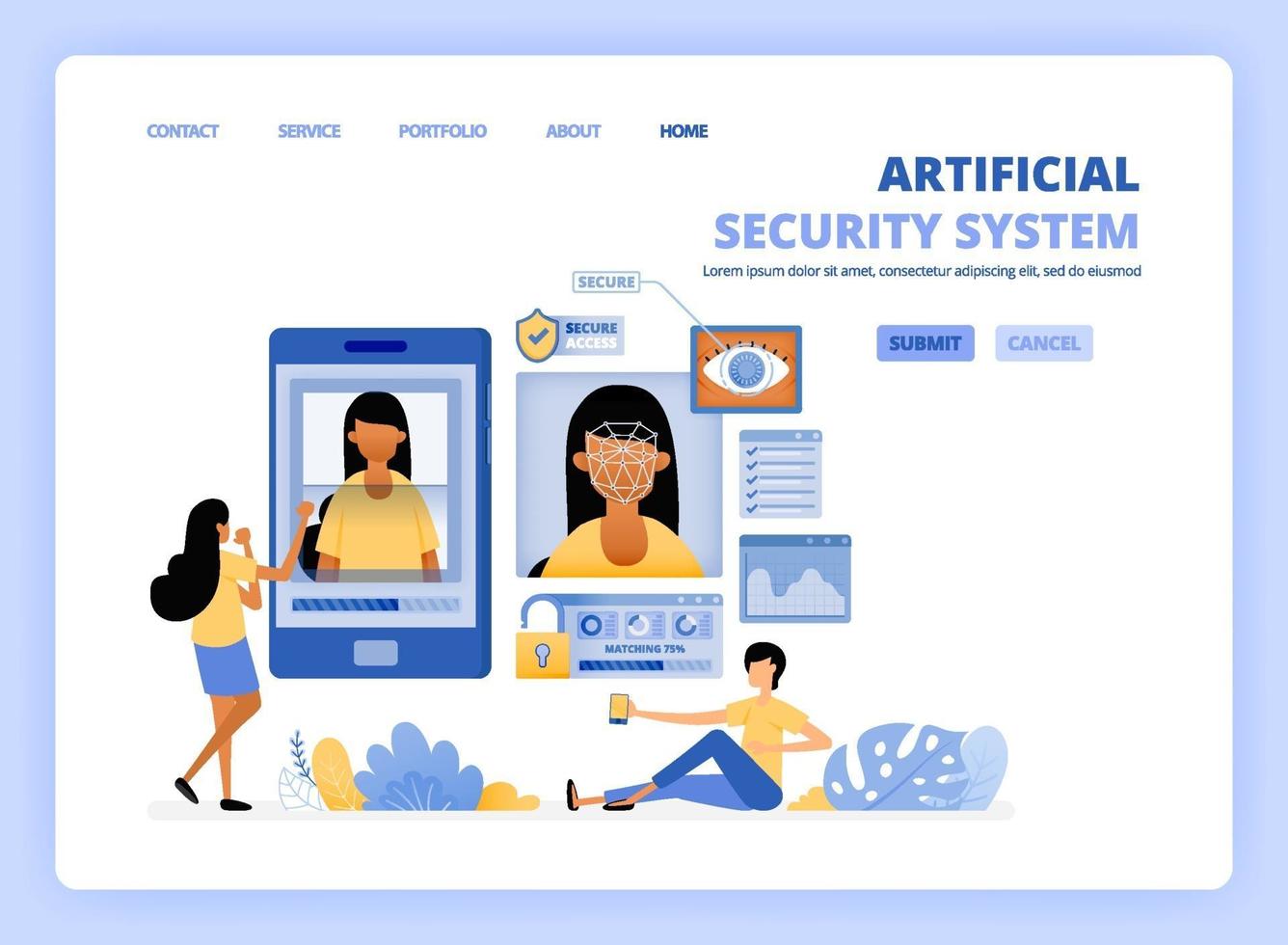 las personas acceden a teléfonos inteligentes utilizando tecnología de seguridad de escaneo facial óptico. seguridad artificial de aplicaciones móviles. se puede utilizar para la plantilla de página de destino ui ux web aplicación móvil cartel banner sitio web flyer anuncios vector