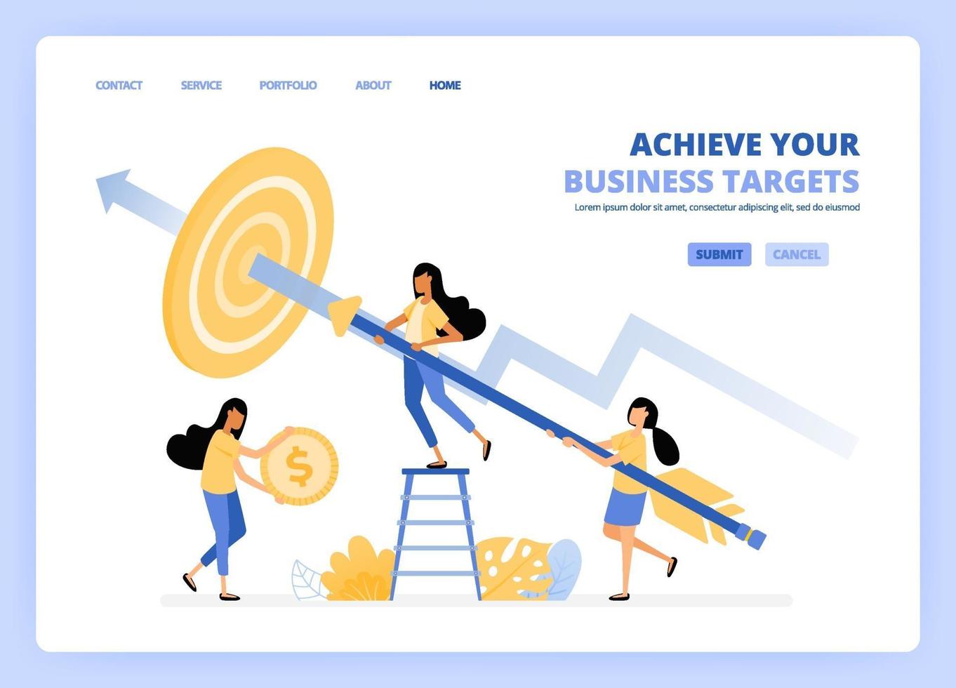 las mujeres apuntan al blanco con flechas. para una metáfora del logro empresarial, la mujer sostiene una moneda. se puede utilizar para la plantilla de página de destino ui ux web aplicación móvil cartel banner sitio web flyer anuncios vector