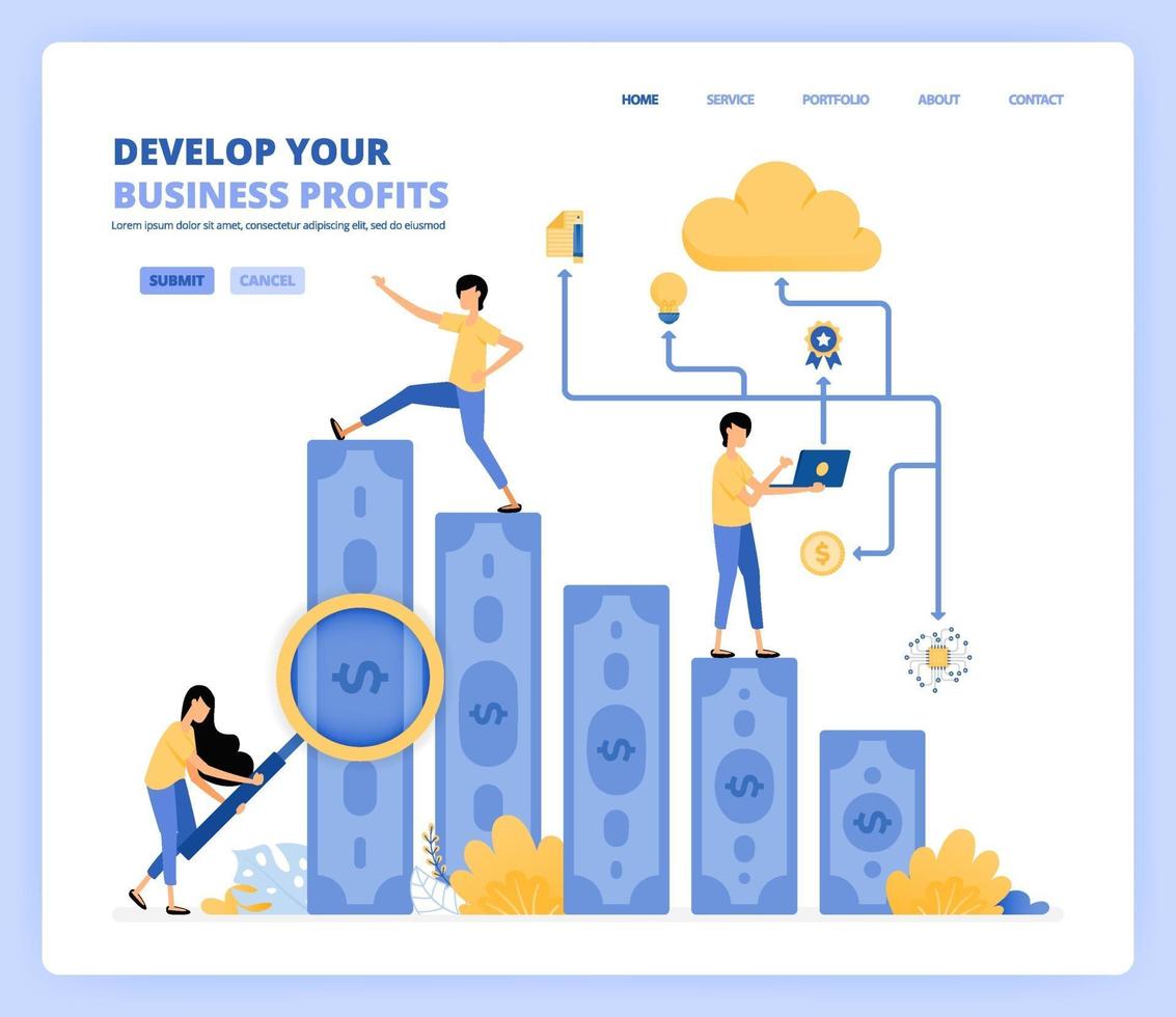 people develop business by looking for more profit and using technology. planning and research on business. Can be use for landing page template ui ux web mobile app poster banner website flyer ads vector
