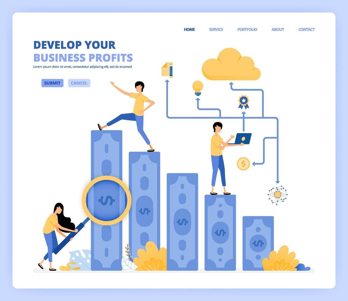 las personas desarrollan negocios buscando más ganancias y utilizando la tecnología. planificación e investigación sobre negocios. se puede utilizar para la plantilla de página de destino ui ux web aplicación móvil cartel banner sitio web flyer anuncios vector