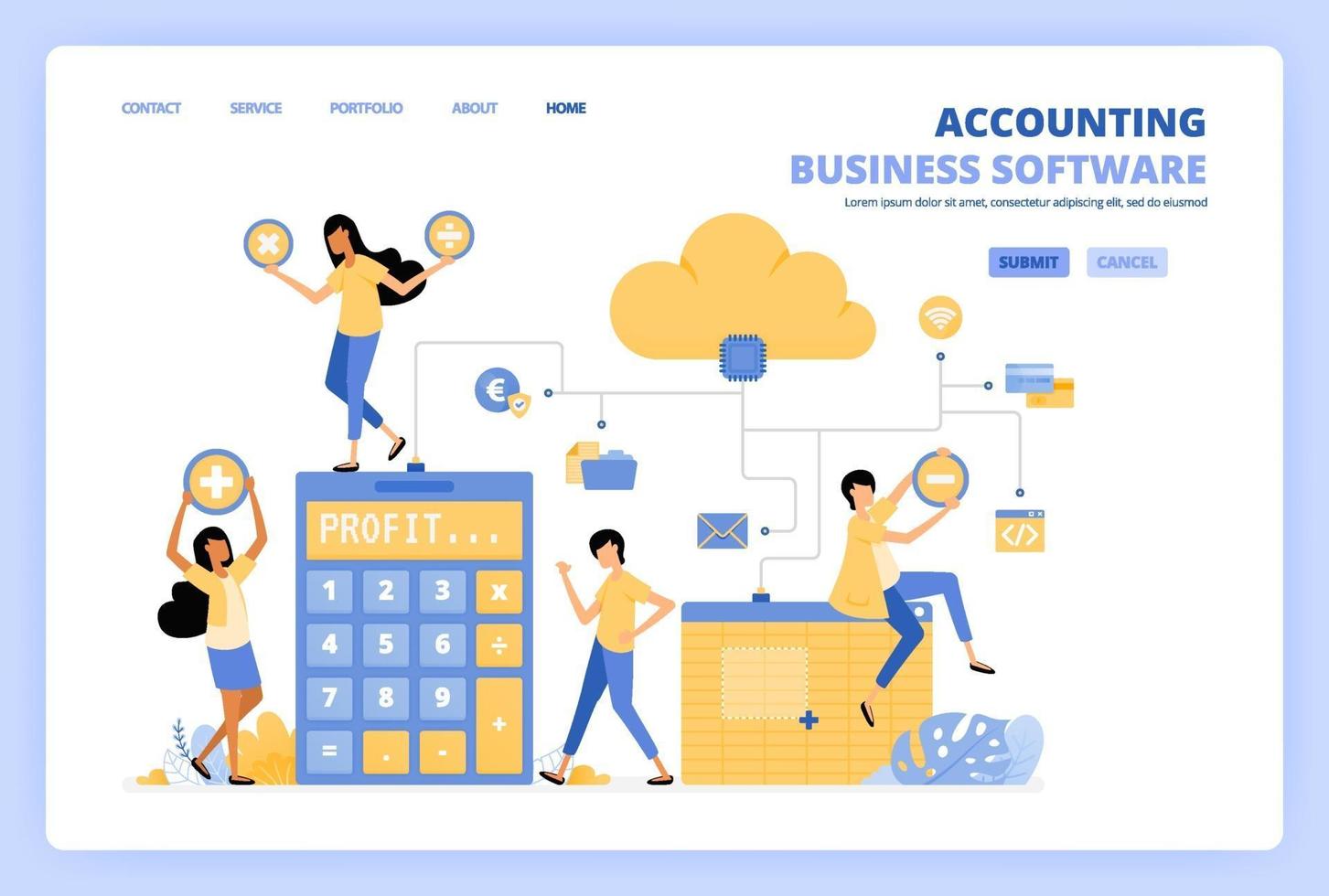 People access cloud accounting software with spreadsheets, risk calculators and financial banking tools. Can be use for landing page template ui ux web mobile app poster banner website flyer ads vector