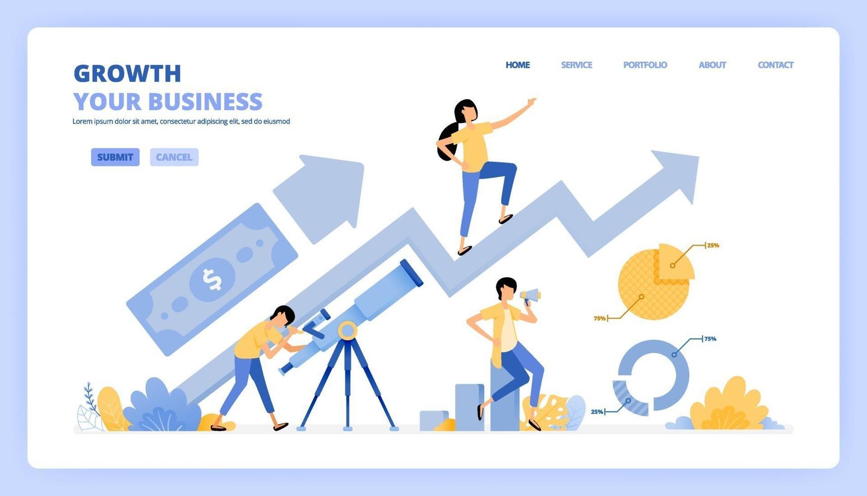 people seek money profit with telescopes. Grow your business with planning and research. growth the chart. Can be use for landing page template ui ux web mobile app poster banner website flyer ads vector