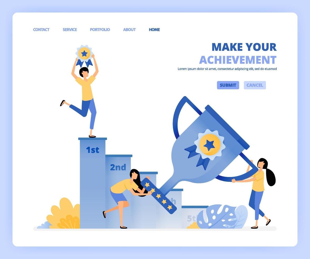 people win awards by holding trophies and medals. climb ladder to reach the target and become number one. Can be use for landing page template ui ux web mobile app poster banner website flyer ads vector