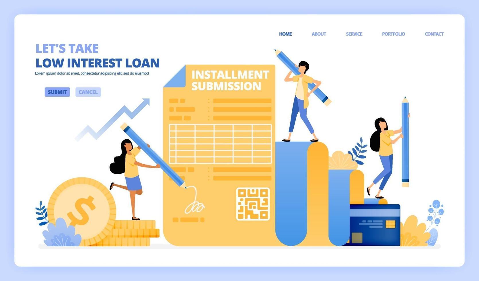 take a low interest loan agreement form. credit card installments program. vector illustration concept can be use for landing page, template, ui ux, web, mobile app, poster ads, banner, website, flyer