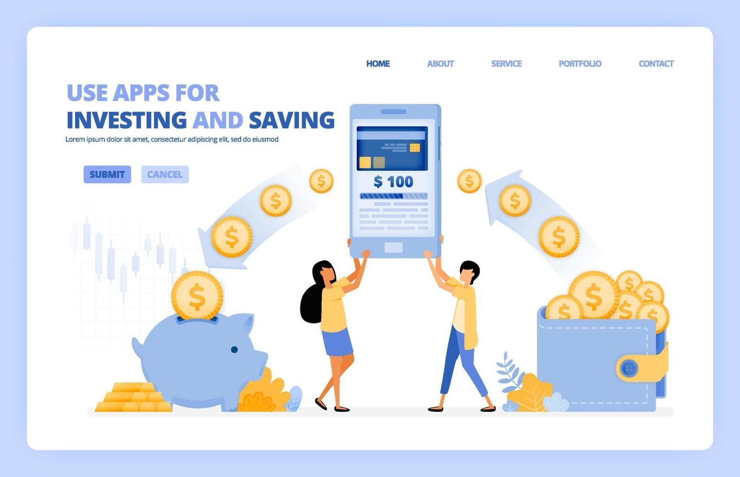 la gente usa aplicaciones móviles para ahorrar e invertir dinero en una sociedad 4.0 sin efectivo. El concepto de ilustración vectorial se puede utilizar para la página de destino, plantilla, ui ux, web, aplicación móvil, póster, pancarta, sitio web, folleto vector