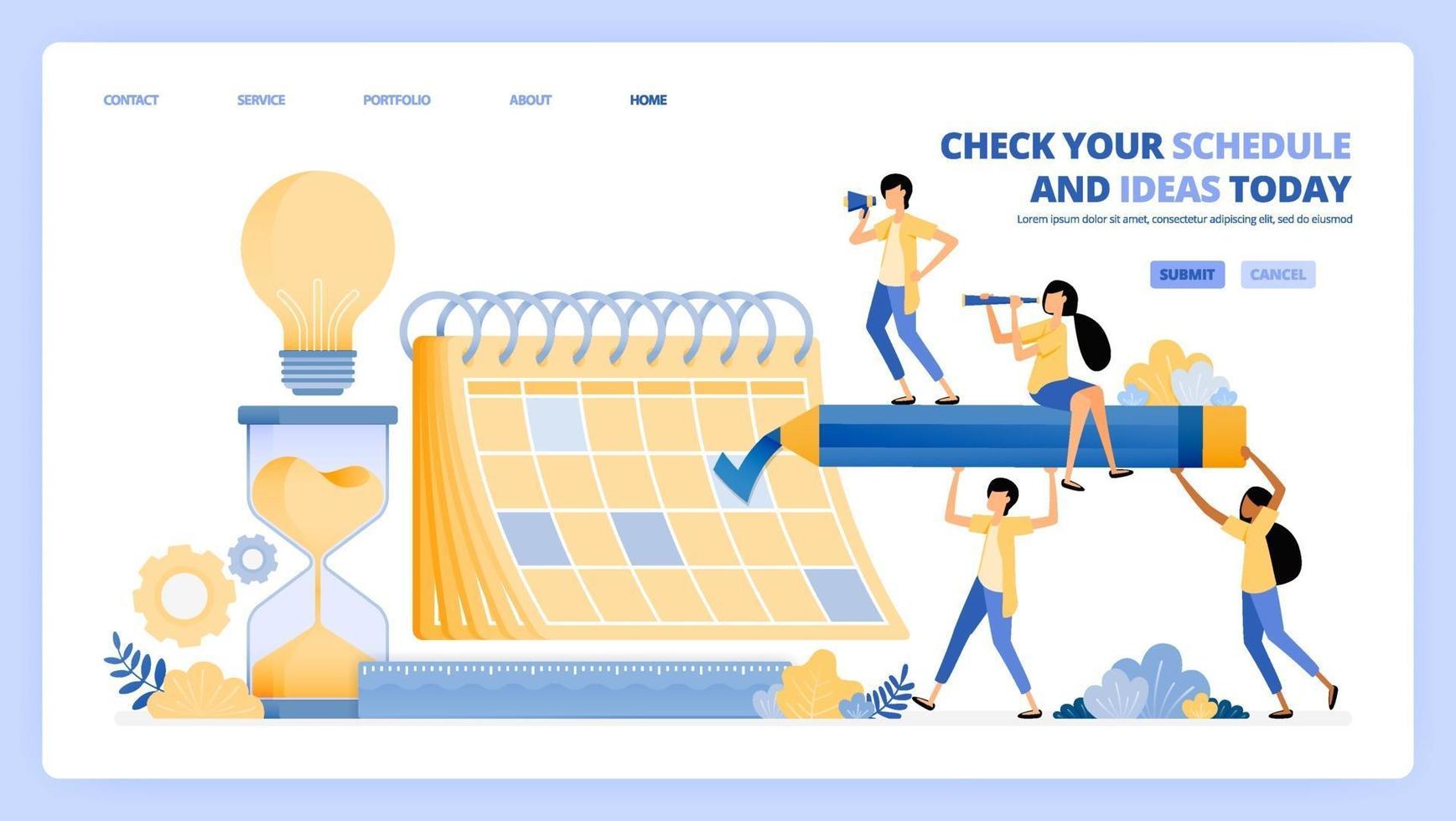 check schedules in jobs calendar. find ideas in meeting and appointment. vector illustration concept can be use for landing page, template, ui ux, web, mobile app, poster ads, banner, website, flyer