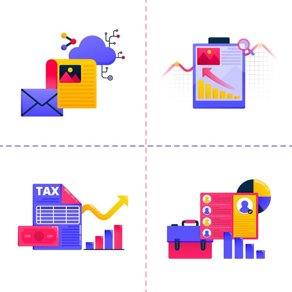 icono de diseño de logotipo con tema de tecnología empresarial y trabajo financiero con ilustraciones de gráficos y documentos. La plantilla del paquete de iconos se puede utilizar para la página de destino, web, aplicación móvil, póster, banner, sitio web. vector