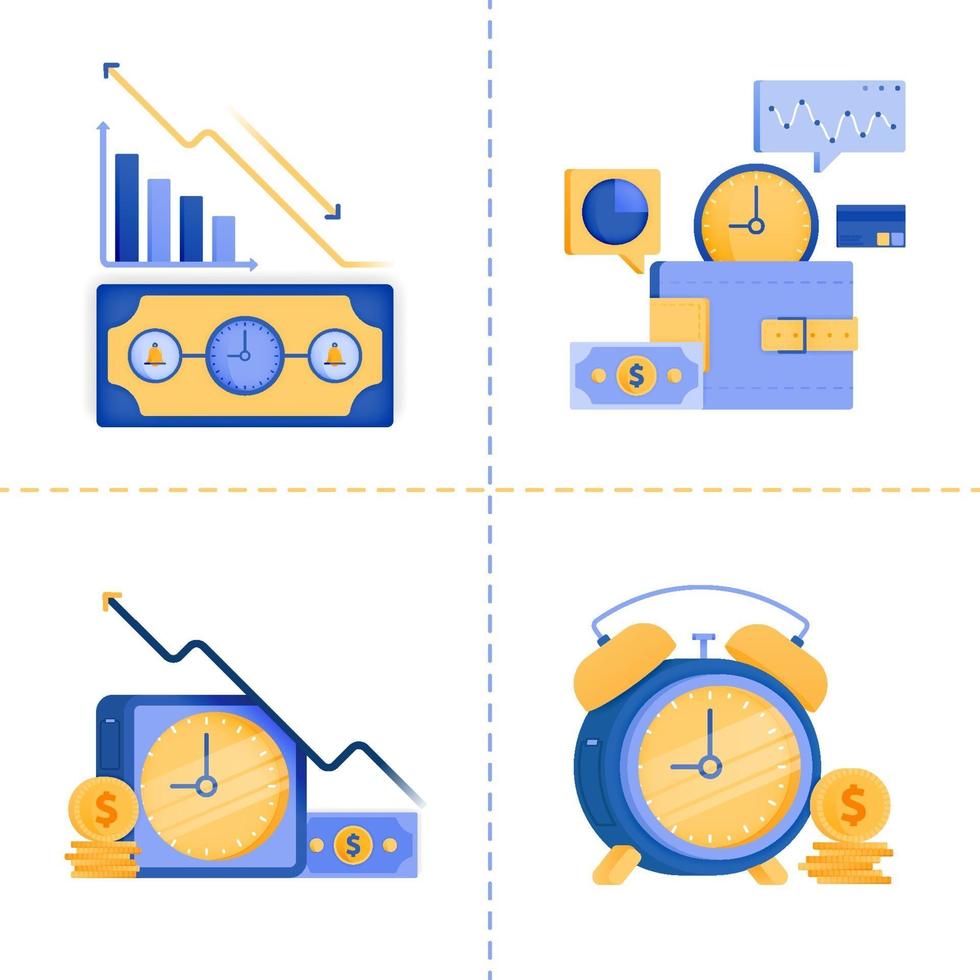 diseños de símbolo de logotipo para el tiempo es dinero, negocios, tecnología 4.0, finanzas, inversión. La plantilla de paquete de iconos planos se puede utilizar para la página de destino, web, aplicación móvil, póster, banner, sitio web, gráfico vector