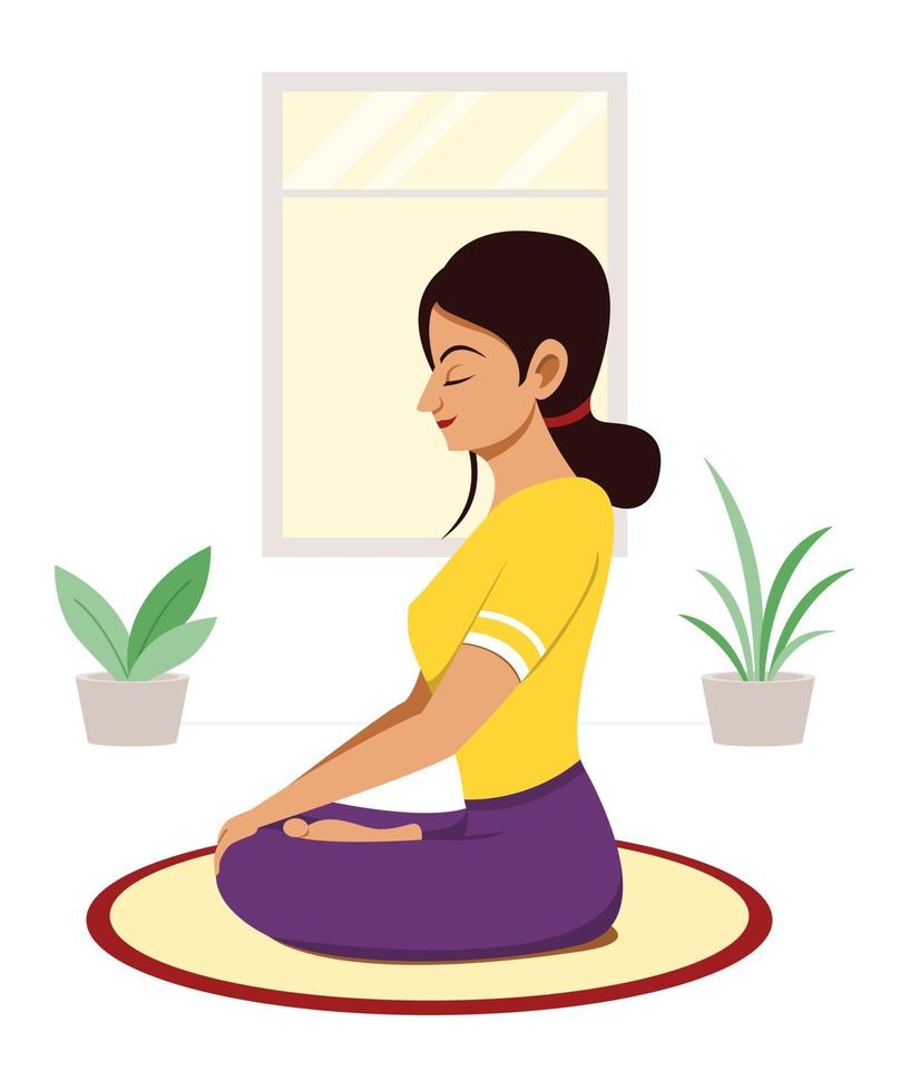 Woman Workout by Yoga Meditation at Home. vector