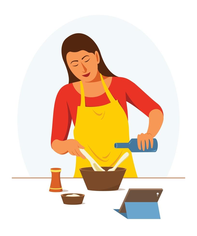 Woman is Learning Online Cooking by Herself at Home. vector