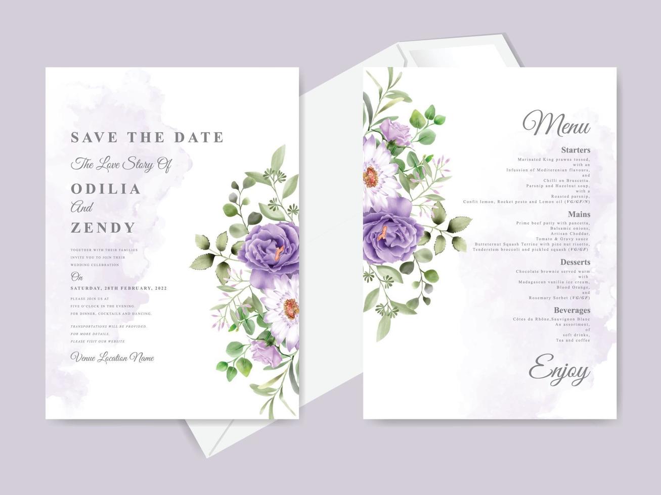 hermosa plantilla de tarjeta de invitación de boda floral dibujada a mano vector