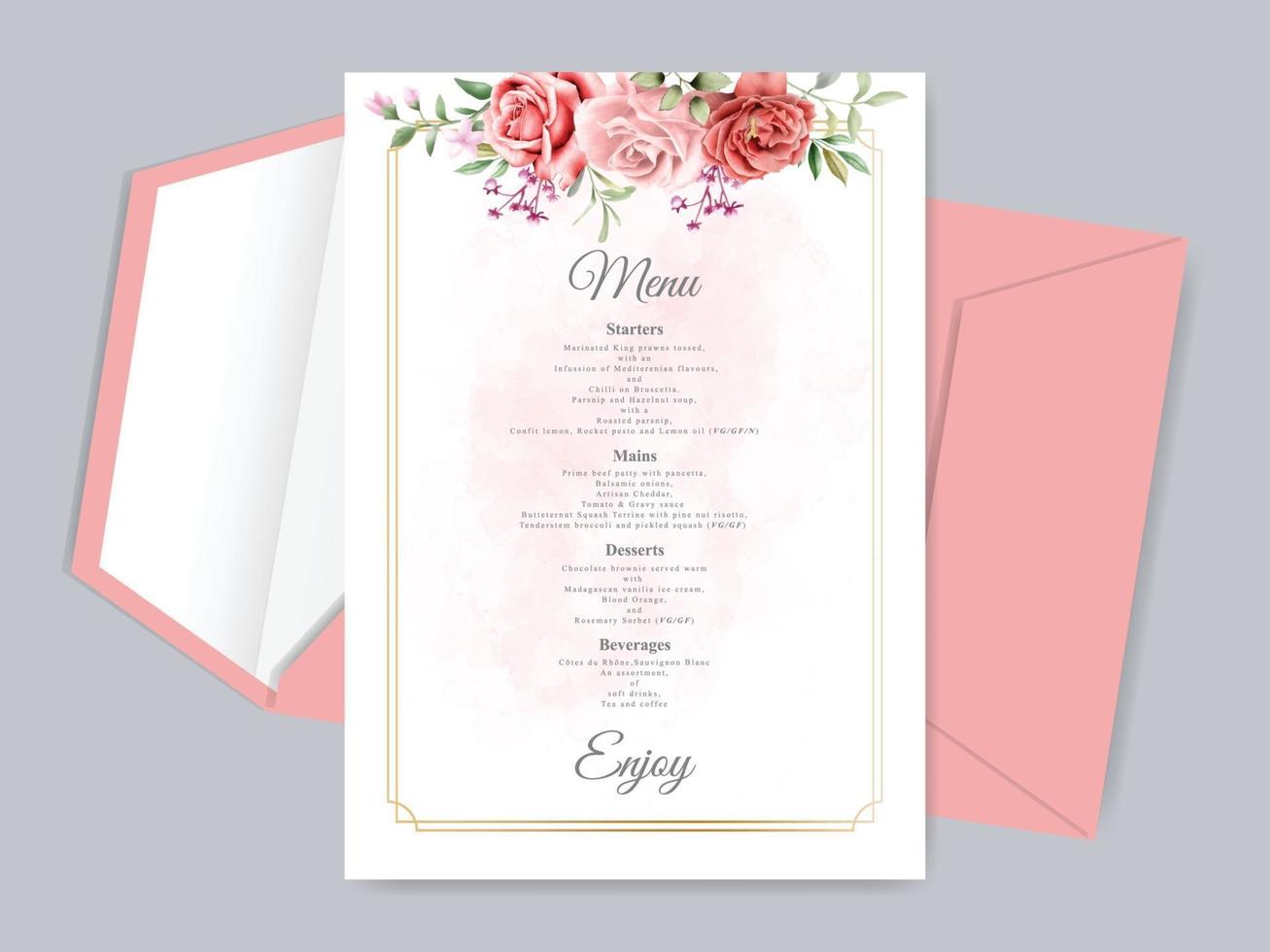 Beautiful floral hand drawn wedding menu card template vector