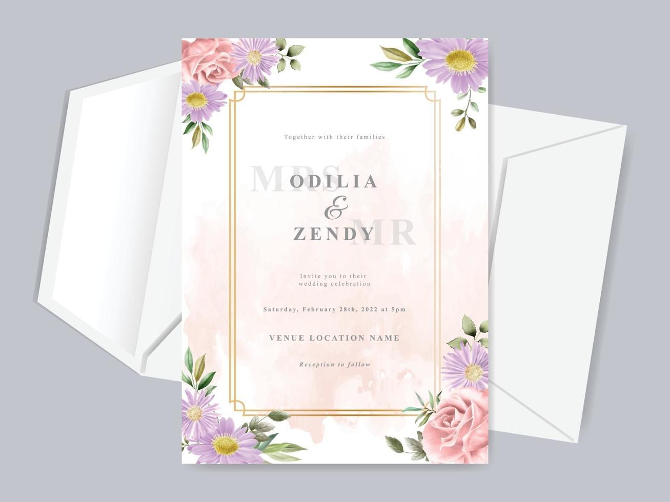 hermosa plantilla de tarjeta de invitación de boda floral dibujada a mano vector