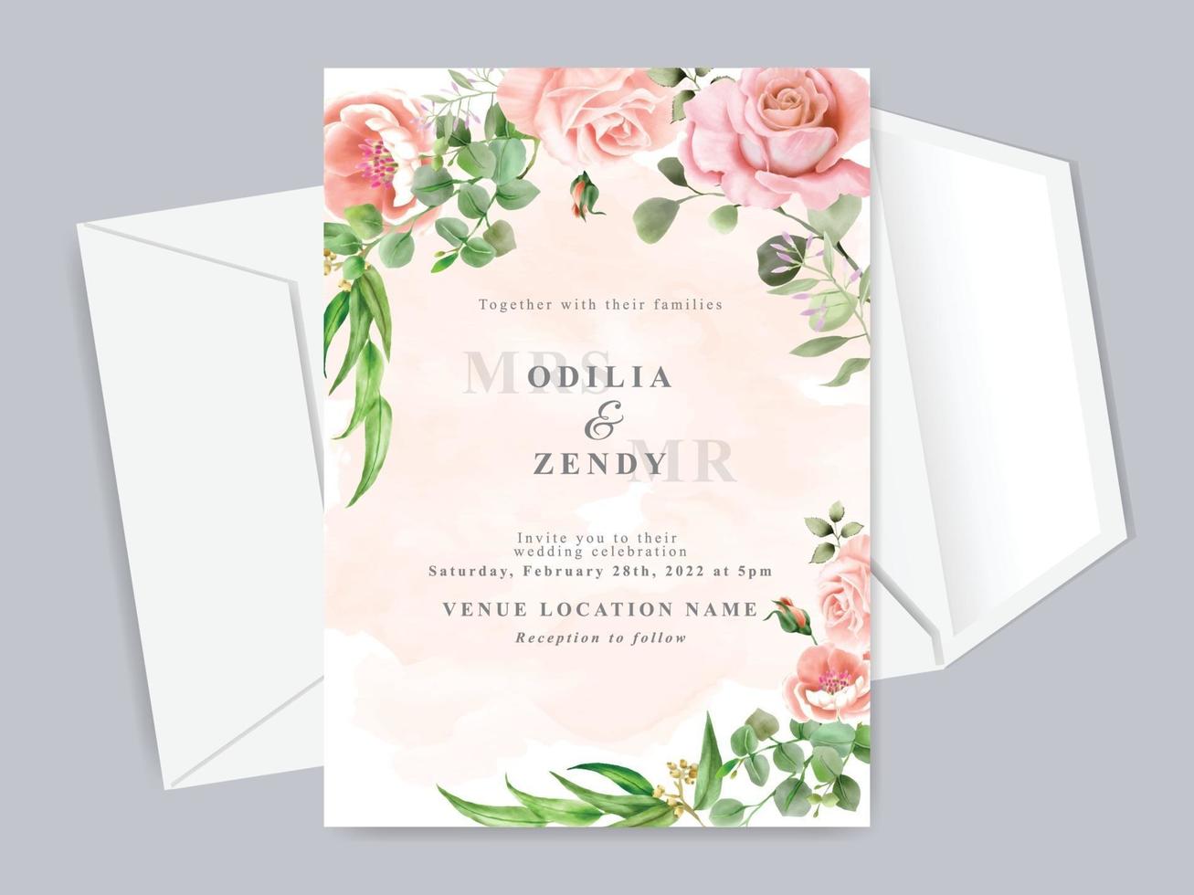 Beautiful floral hand drawn wedding invitation card template vector