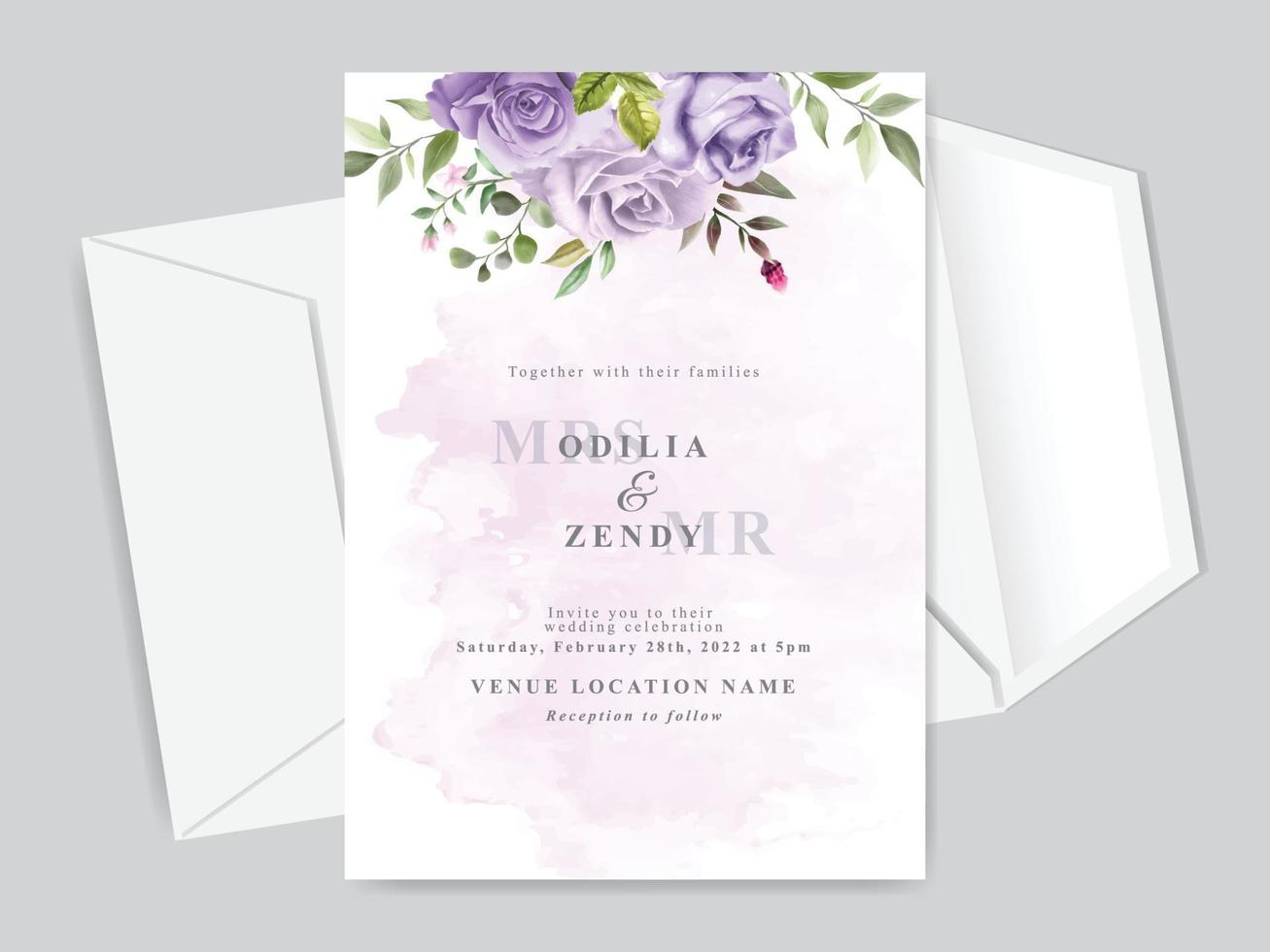 Plantilla de tarjeta de invitación de boda con hermosas flores florales dibujadas a mano vector