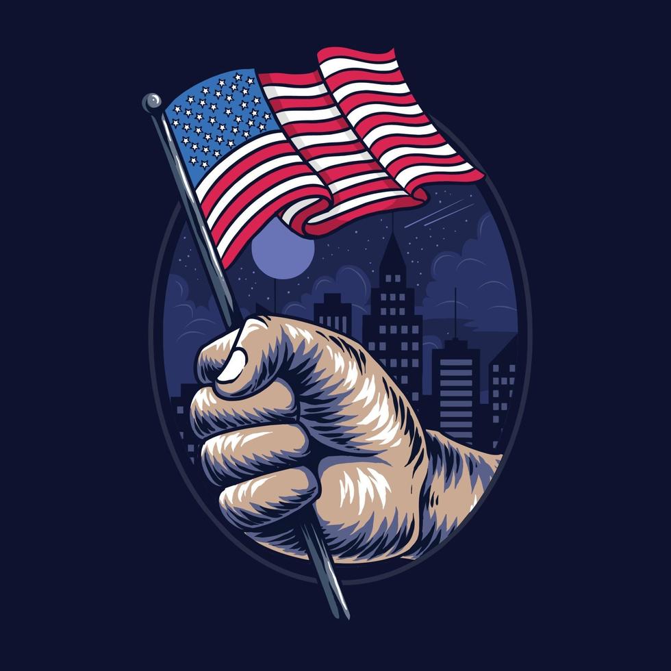 people's hands holding the United States flag in the middle of the city vector