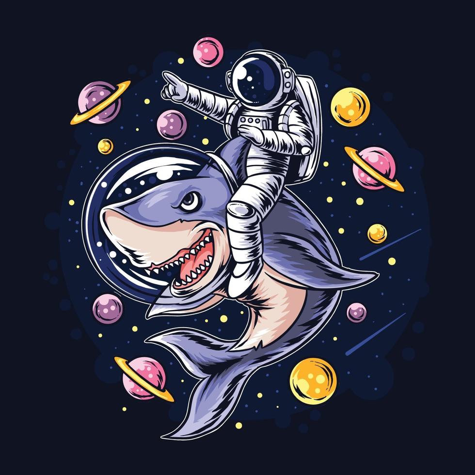astronauts ride a shark in space with the planets vector