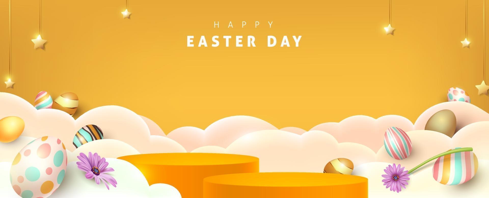 Happy easter banner with product display cylindrical shape and festive decoration vector