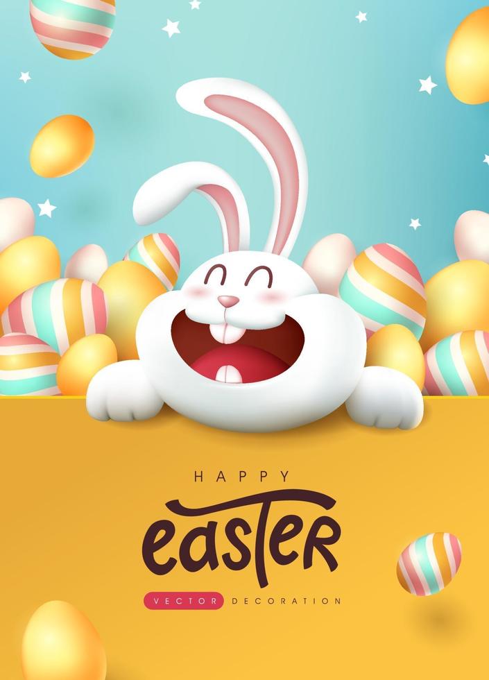 Fondo de banner de Pascua con lindo conejo y huevos de Pascua de colores. vector